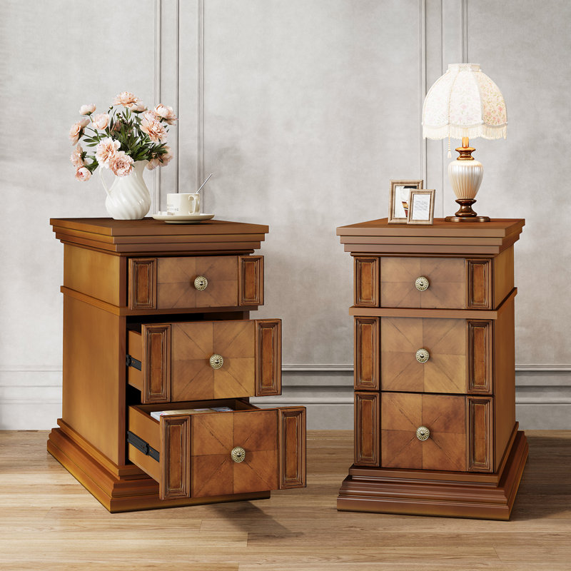 Table de bout étroite Mid-Century moderne à 3 tiroirs, Brun, H 25 po x l 14,96 po x P 23,62 po
