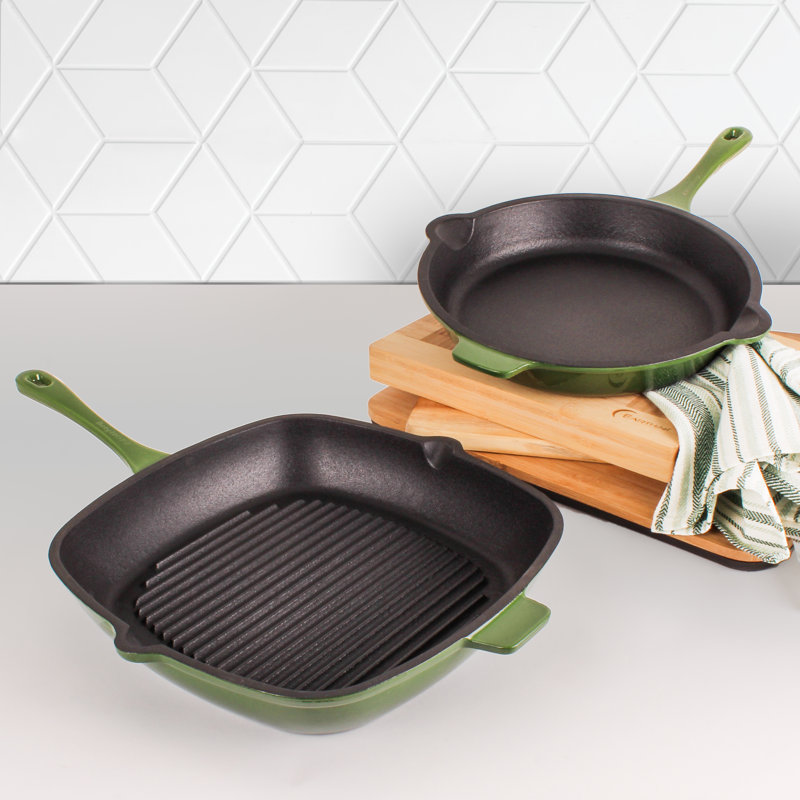 Ensemble de batterie de cuisine en fonte 2 pièces BergHOFF Neo avec poêle à frire et poêle à griller, Vert