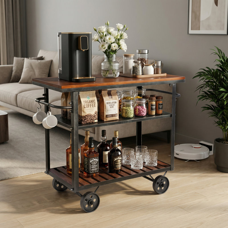 Chariot-bar industriel à 3 niveaux avec plateau en bois massif, cadre en métal argenté noir brossé et tablettes de rangement pour la cuisine, le salon et le bar