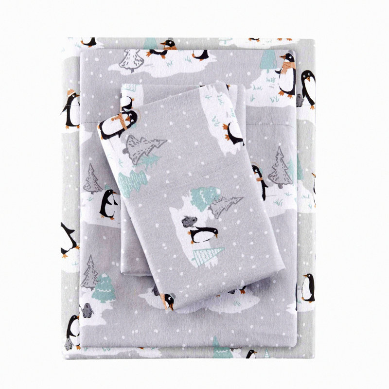 Arctic Dream Plush Sheet Set - Grey Penguins - Cozy Flannel Warmth, Novelty Animal Print, Ultra Soft Bedding for Cold Weather Nights