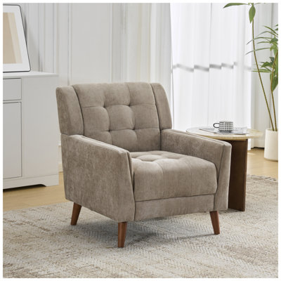 Ensemble de 2 fauteuils de style Mid-Century moderne avec revêtement en chenille touffetée et pieds en bois d'hévéa massif brun clair et noyer
