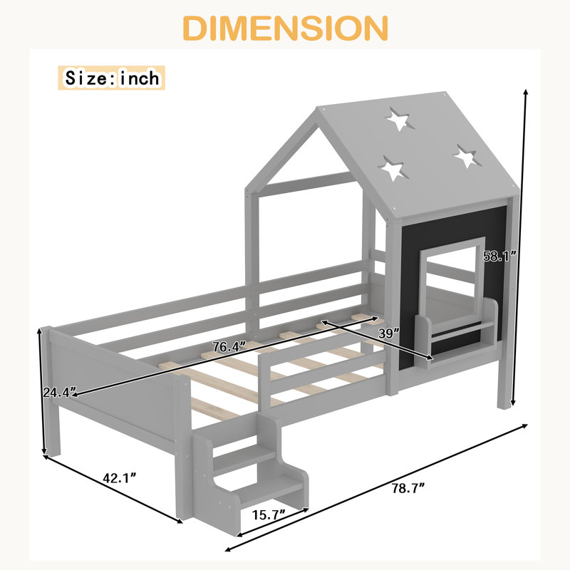 Lits de maison avec escalier à profil bas et fenêtre, lit plateforme en bois massif avec bibliothèque, tableau noir et joli toit en forme d'étoile, aucun sommier nécessaire