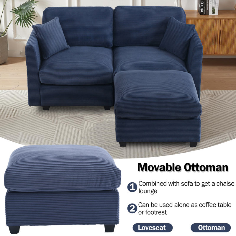 Virgus 62'' Upholstered Corduroy Loveseat With Ottoman, Blue Corduroy