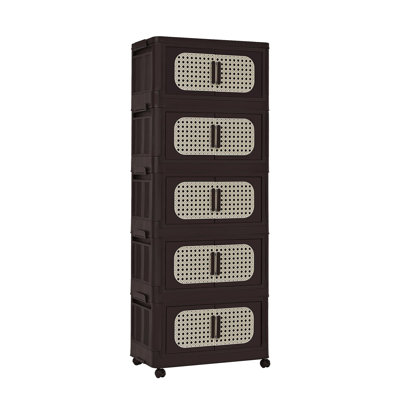 Retro Brown,20" Side Wide Folding Storage Cabinet ,5 Tiers,19.69"×11.81"×50.00",Collapsible Storage Bins With Magnetic Door, Plastic Storage Cabinet With Wheels