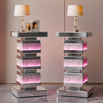 Mirrored End Table with LED Light, Mirrored Nightstand with Crushed Diamonds, Silver Side Table with Large Tabletop for Living Room, Bedroom and Office