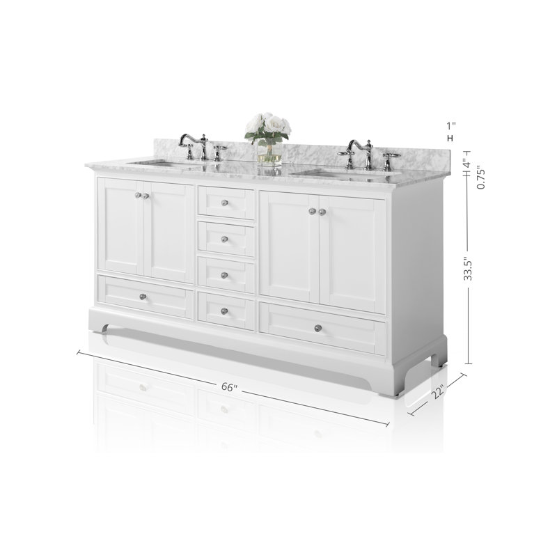 Audrey 66'' W Double Vanity, White| Brushed Nickel, Carrara White