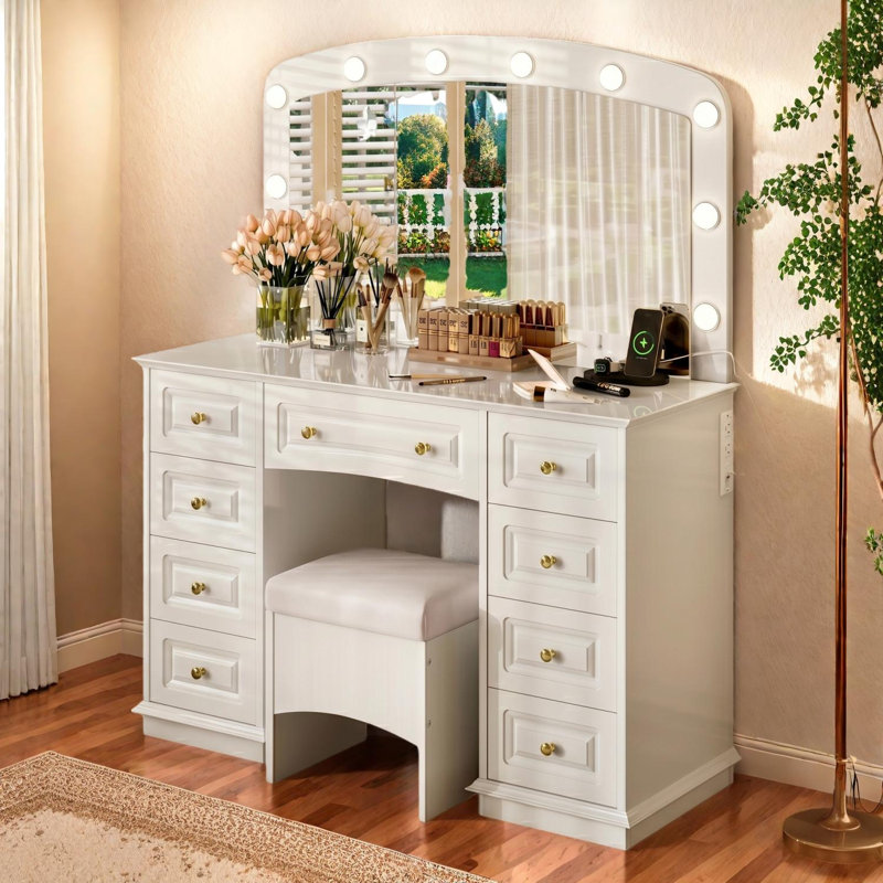 Bureau de maquillage avec 10 ampoules Hollywood, 3 modes d'éclairage, une station de charge, un tabouret et 9 tiroirs