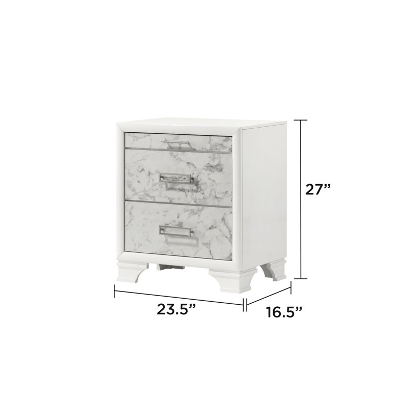 Contemporary Bedside Table In White Finish, Featuring Drawers And Silver - Tone Handles For Bedroom Convenience Modern Compact Size, With