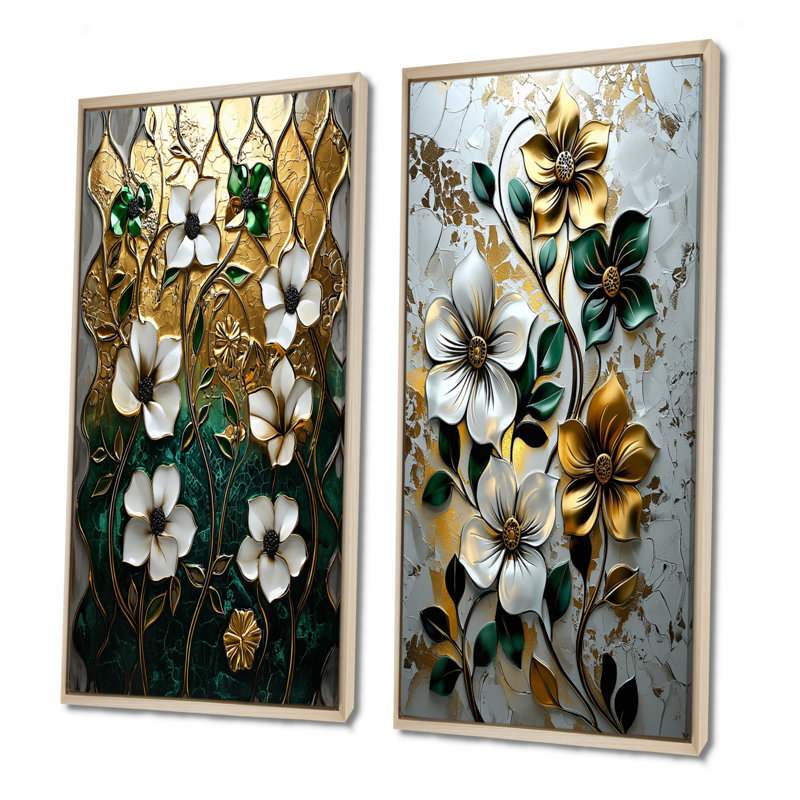 «Green and Moroccan Floral Tiles III», ensemble d'art mural marocain 2 pièces, H 28 po x l 24 po, Cadre flottant en érable