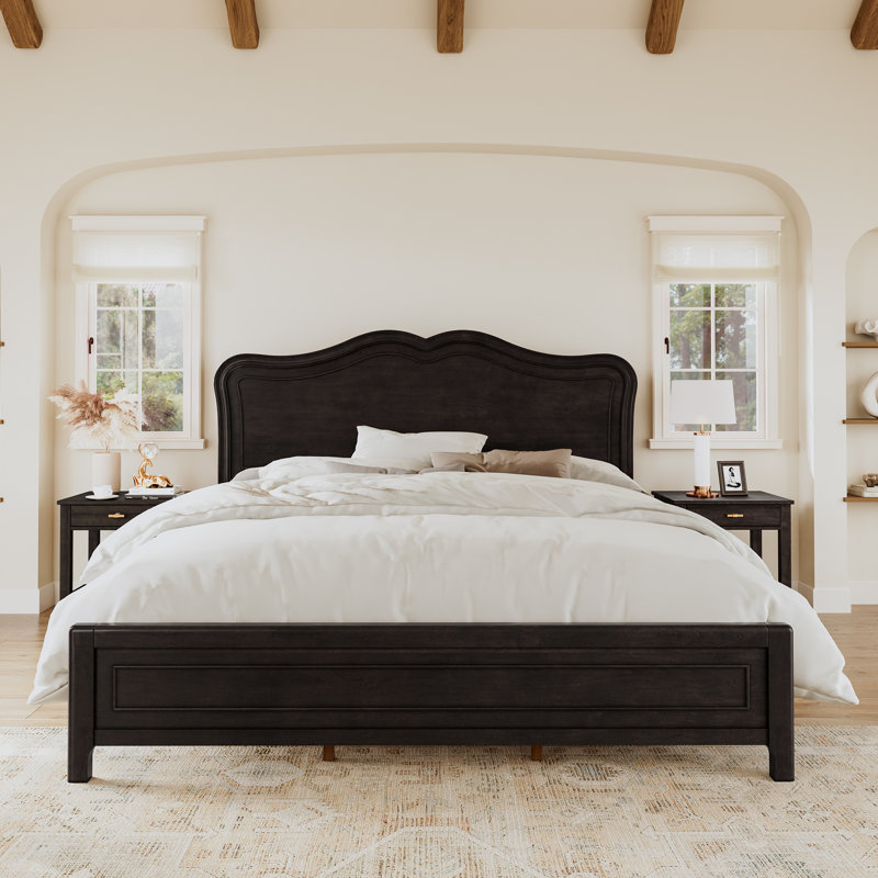Annalia Mid-Century Modern Solid Wood Bed With Camel Headboard, King, Black