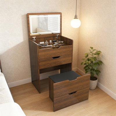 3-in-1 Vanity Desk with Lighted Mirror & Stool, Flip Top Makeup Table, Compact Storage for Bedroom and Bathroom