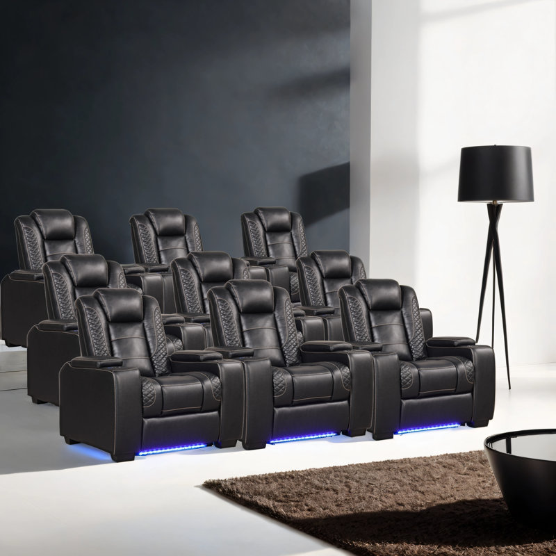 39'' Adjustable Headrest Power Recliner Man Cave Home Theater Chair With Cup Holders USB LED (Set of 9), Black