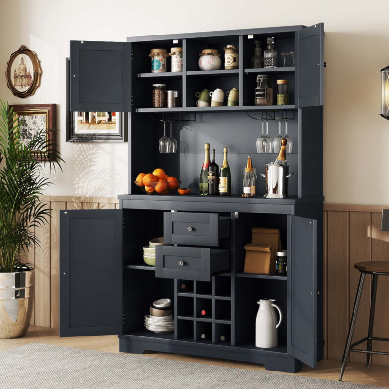 Armoire-bar Farmhouse avec rangement, tiroirs, tablettes et supports à vin pour la cuisine et la salle à manger