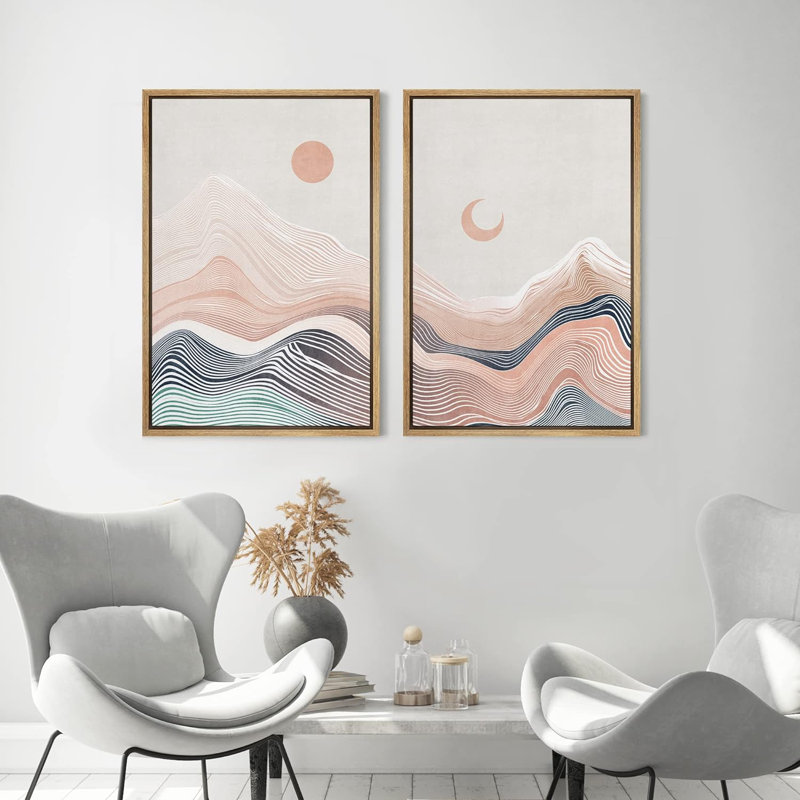 Sun and Moon " Mountain Range Moon Sun Abstract Nature Illustrations " 2 Piece Art Graphic Art Print, 24" H x 32" W x 1.5" D