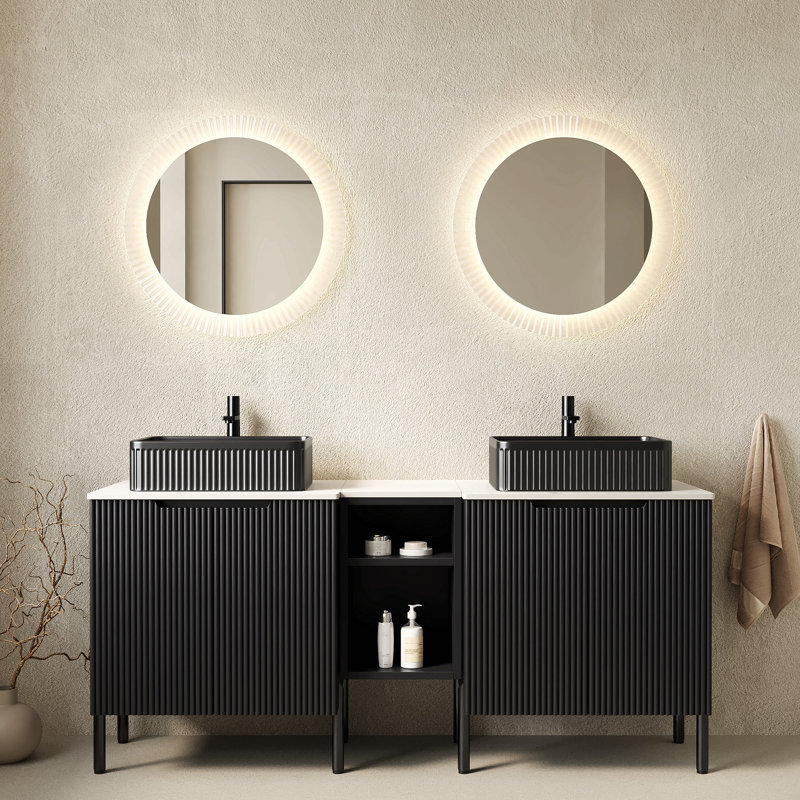 Meuble-lavabo double autoportant 60 po avec lavabo 60 po, 2 armoires de rangement rayées 24 po + tablette ouverte amovible 12 po, 2 vasques rectangulaires rayées noires avec comptoir blanc Carrara, noir