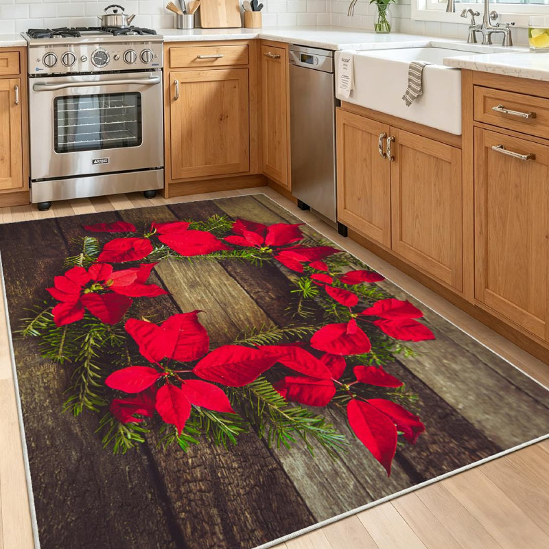 Tapis d'intérieur brun avec couronne de poinsettia, Rectangle 39 po x 63 po