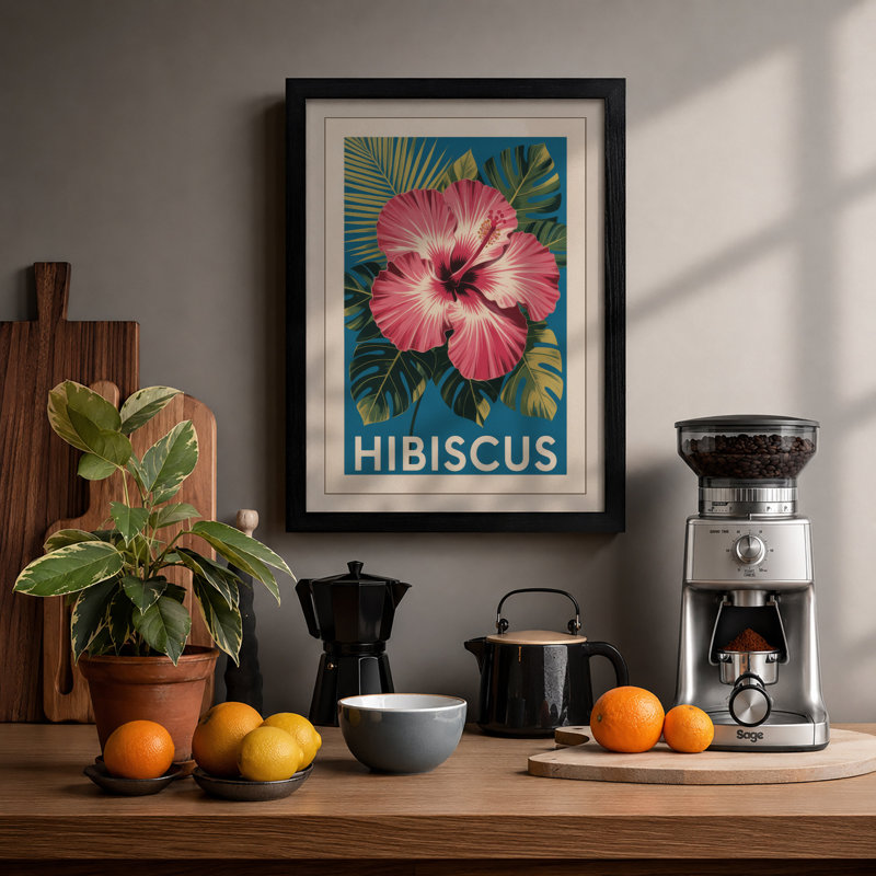 Pink Hibiscus Study Botanical - Print, A1 - 84.1 x 59.4 cm, Black