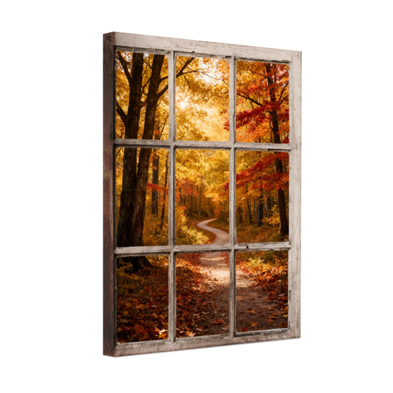 Paysage et nature, chemin d'automne à travers la fenêtre, H 18 po x l 12 po