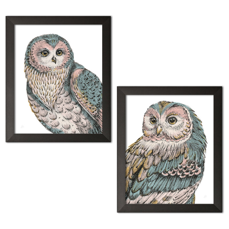 " Beautiful Owls I & IV Pastel " by Daphne Brissonnet 2 - Pieces, Black Framed Paper, 14" H x 11" W x 0.75" D