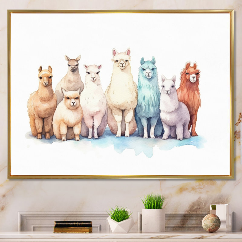 «Herd of Colorful Alpacas I», reproduction sur toile, Cadre flottant doré, H 12 po x l 20 po x P 1 po