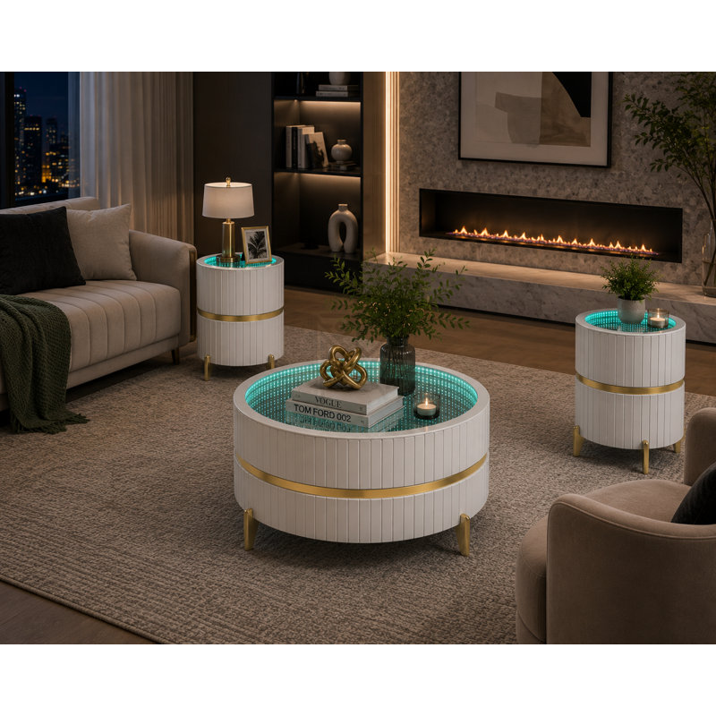 Ensemble de table basse et de table de bout 3 pièces Infinity Mirror, White