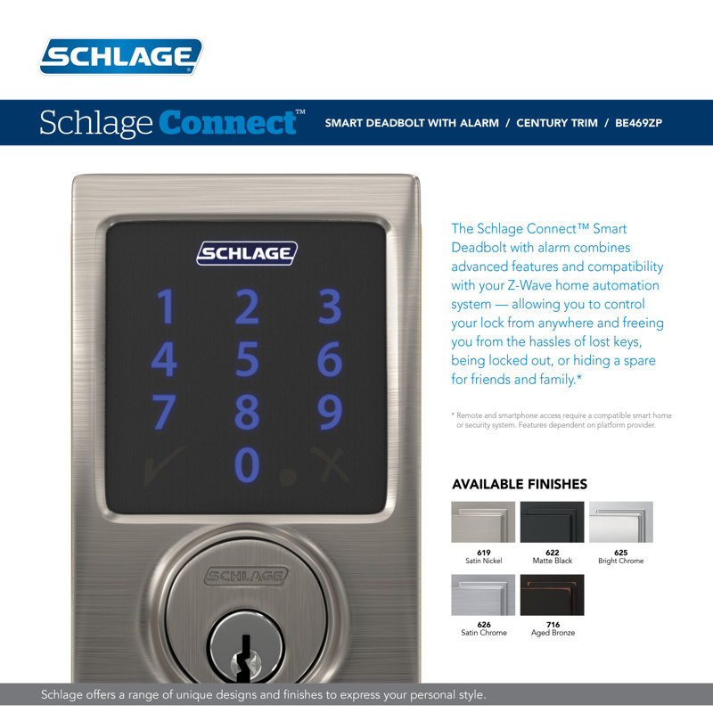 Schlage Connect Z-Wave Plus Smart Deadbolt with Century Trim, Matte Black, Yes