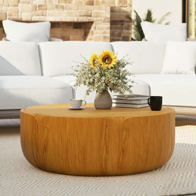 Table d'intérieur ronde 35,63 po, table basse centrale à grain moderne, solide MGO (oxyde de magnésium) imperméable, table sans assemblage pour patio, jardin, cour arrière, salon (couleur bois)