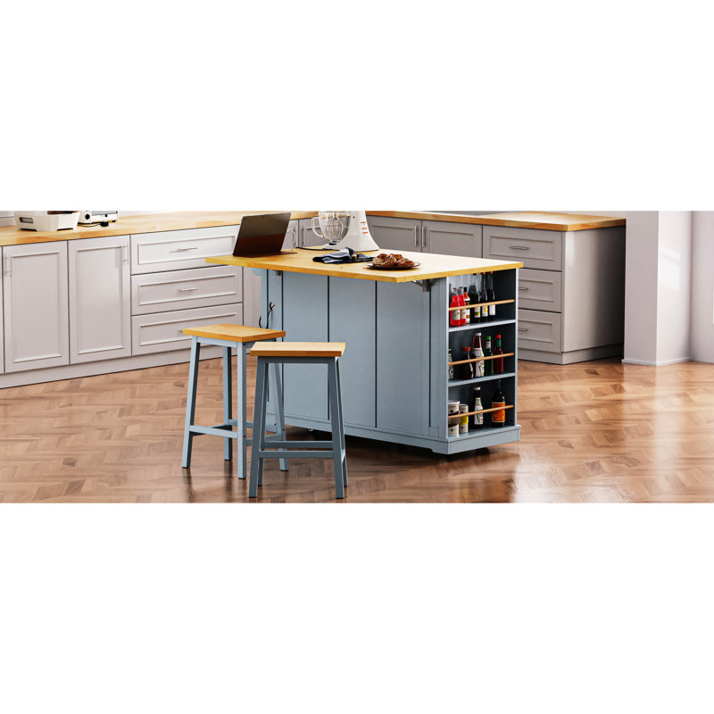 Grey Blue Kitchen Island With 2 Stool Seats, Power Outlet Attachment, Internal Storage Space, Drop Leaf, 3 Drawers, 5 Side