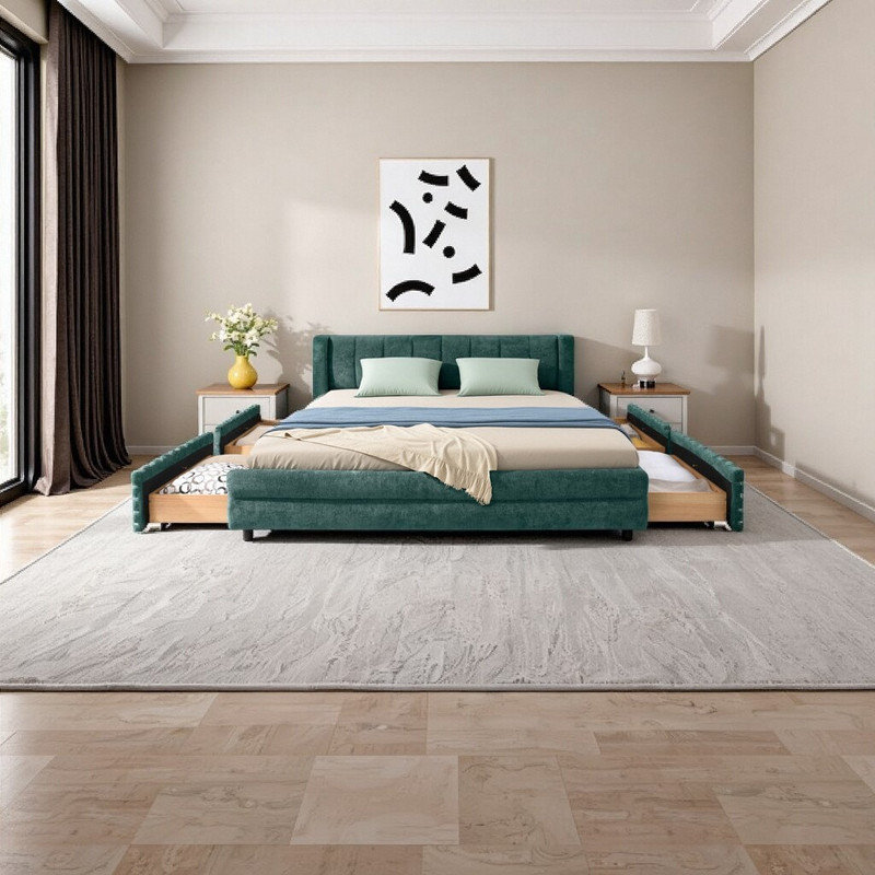 Queen Size Upholstered Storage Bed with Chenille Fabric, Blue