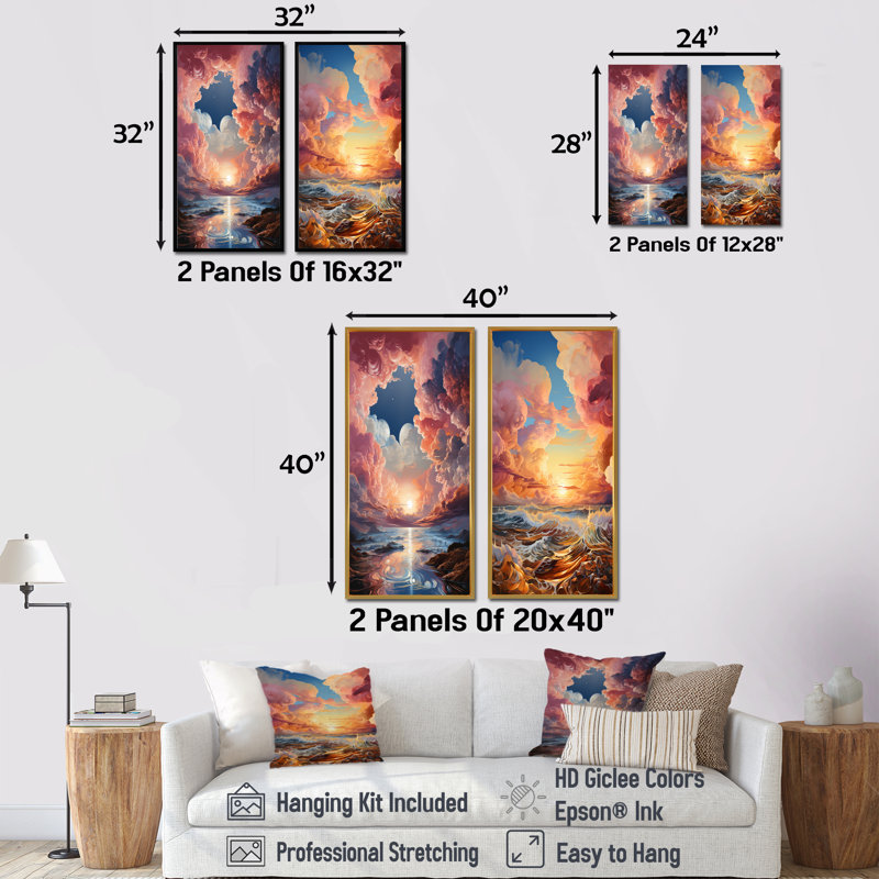 Nuage coucher de soleil à l'encre liquide, ensemble de 2 art mural, H 28 po x l 25 po, Cadre flottant noir