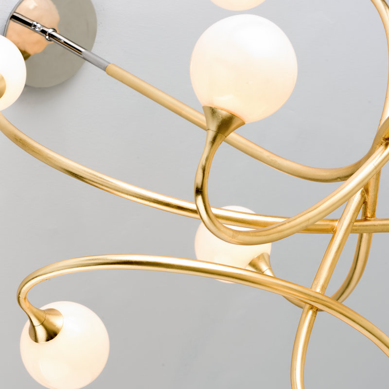 Elegant Gold Leaf 9-Light Crystal Chandelier with Antique White Glass Shade