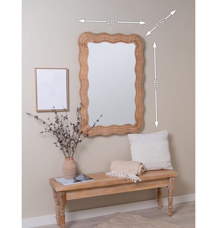 Scalloped Rectangular Rattan Wall Mirror with Glass