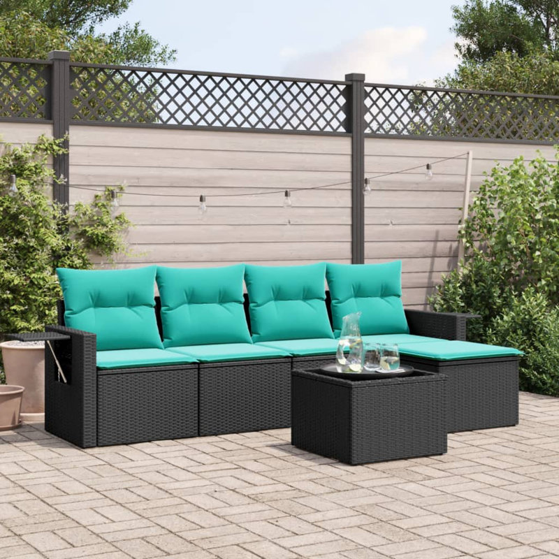 Ensemble de canapé de patio 6 pièces avec coussins en rotin de polyester, Bleu clair, Noir