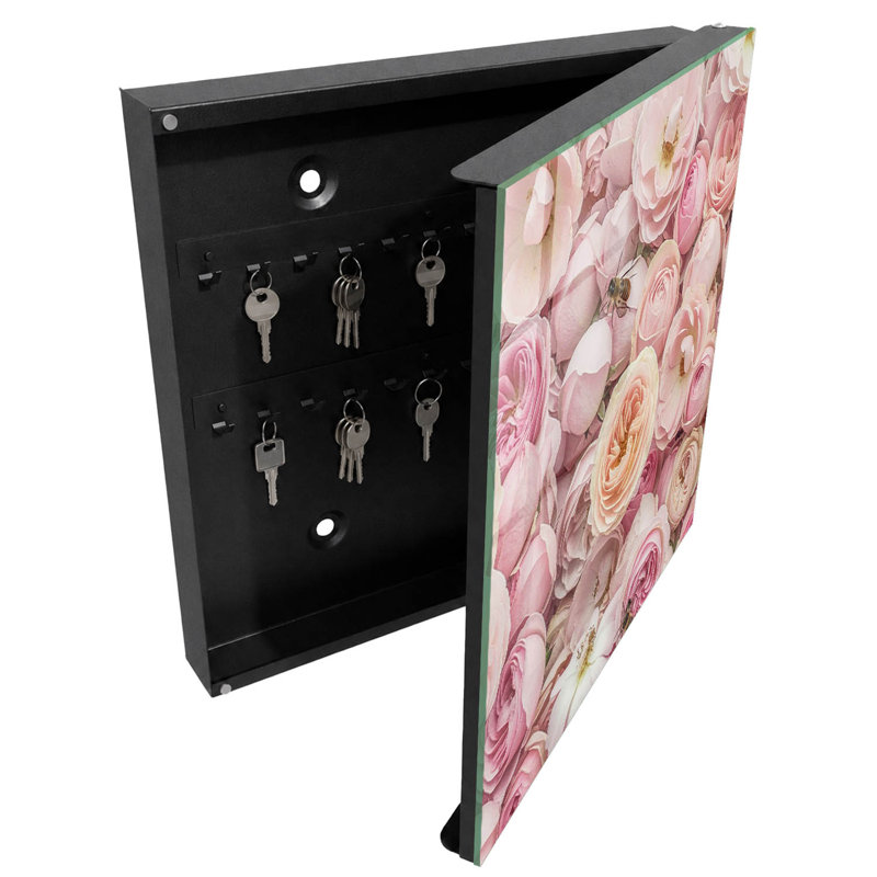 Key box, Opens to the left, 30x30x5, Black, Lovely roses and bees in delicate colors, 