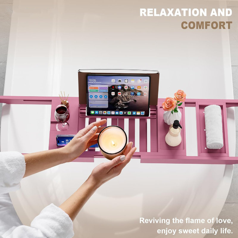 Freestanding Foldable Bamboo Bathtub Tray With Expandable Sides & Multi-Compartment Storage - Space-Saving Tray For Book, Tablet And Wine Organization