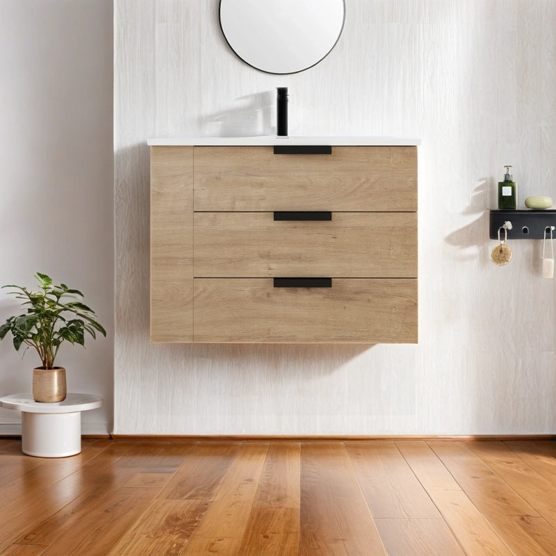 Meuble-lavabo mural 30 po avec lavabo simple en résine, tiroir à fermeture en douceur et tablette latérale, Chêne