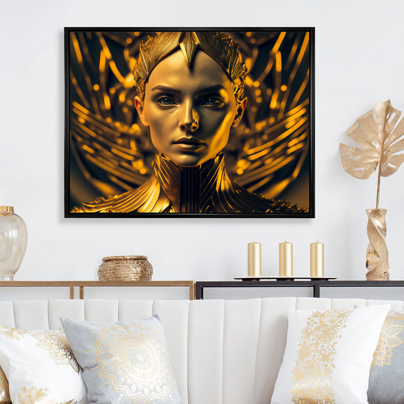 «Futuristic Golden Goddess II», reproduction sur toile, H 12 po x l 20 po x P 1 po, Cadre flottant noir