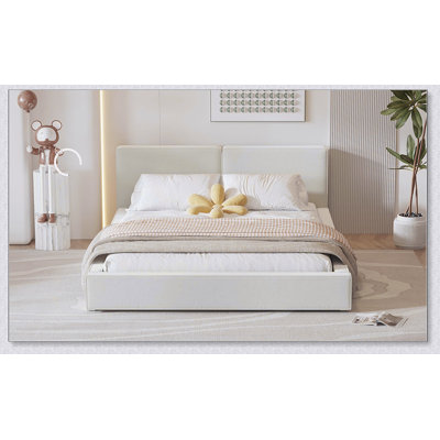 Queen Size Upholstered Platform Bed With Velvet Fabric, Grounded Bed With Solid Frame