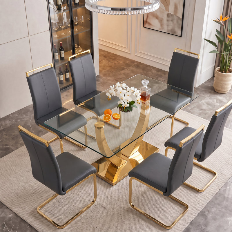 Ensemble de salle à manger 7 pièces rectangulaire moderne en verre trempé avec base en métal et chaises en porte-à-faux en similicuir