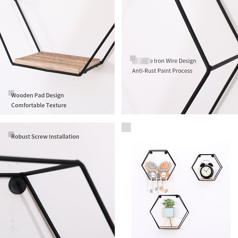 De 3 tablettes murales flottantes hexagonales noires, décor rustique pour la cuisine et le bureau, installation facile, construction en bois massif, solution de rangement moderne, salon, cloison simple