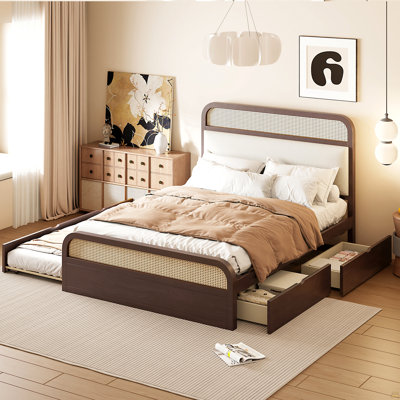 Grand lit plateforme en bois avec lit gigogne et 2 tiroirs