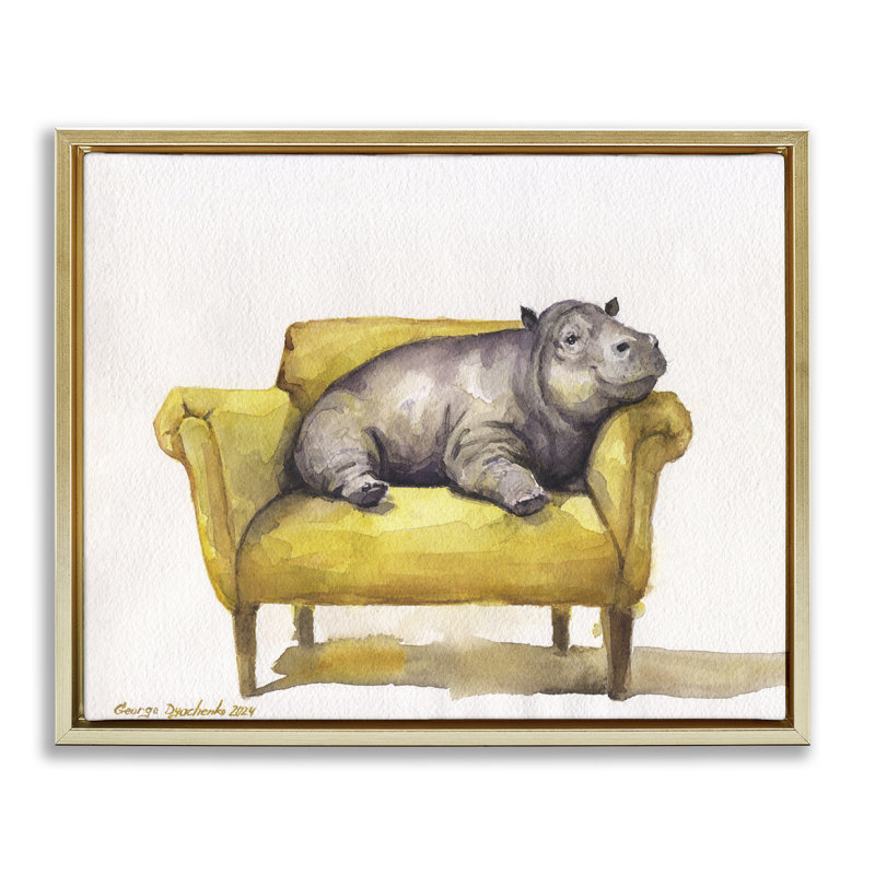 «Hippo on Yellow Chair», art mural encadré par George Dyachenko, Cadre flottant métallique doré, H 17 po x l 21 po