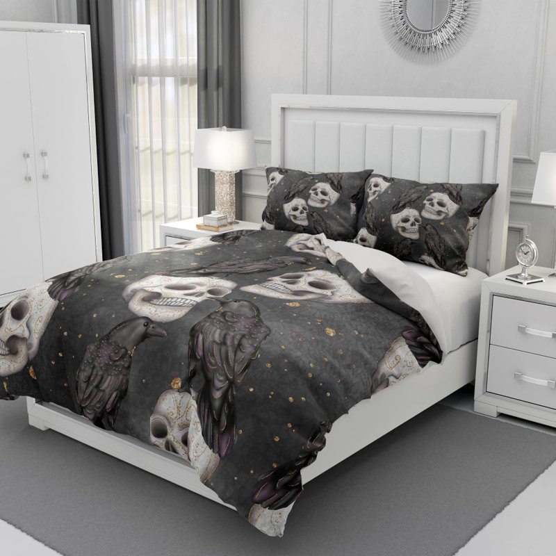  Ensemble de housse de couette Grayscale Calavera Skull, Housse simple et 1 taie décorative