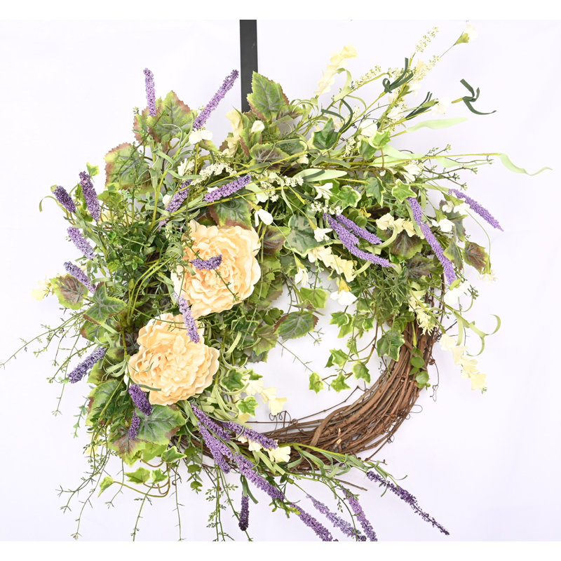 Farmhouse Handcrafted Faux 26'' Floral Peony Wreath for Front Door