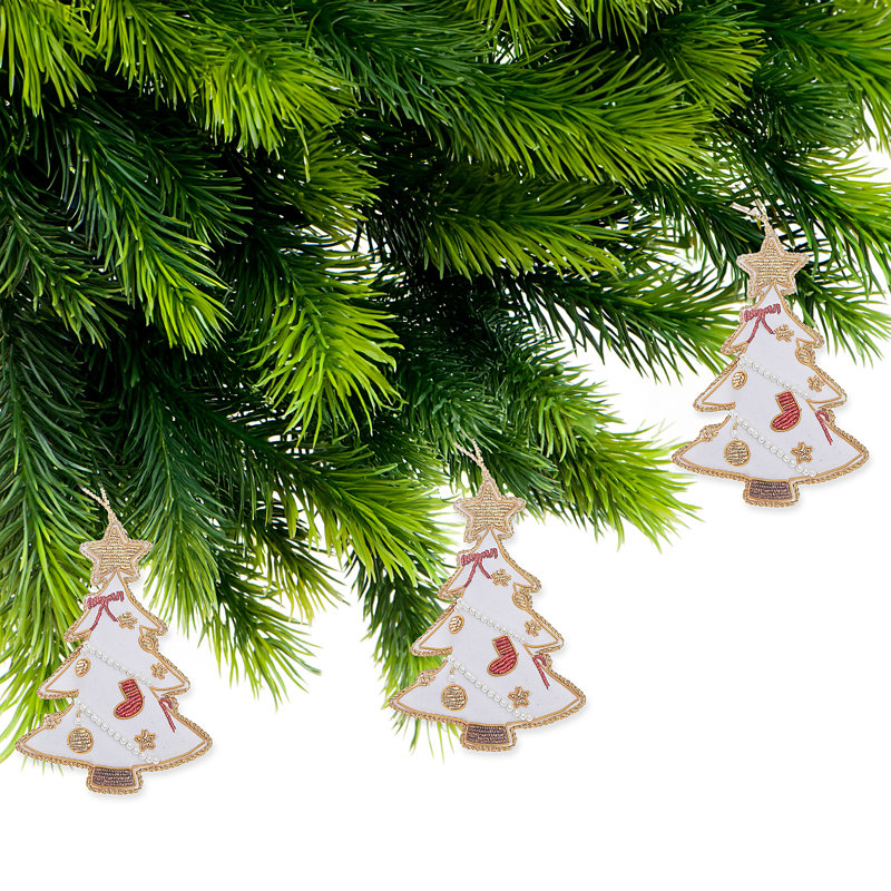 Ornement suspendu en forme d'arbre de Noël perlé à la main blanc - ensemble de 2