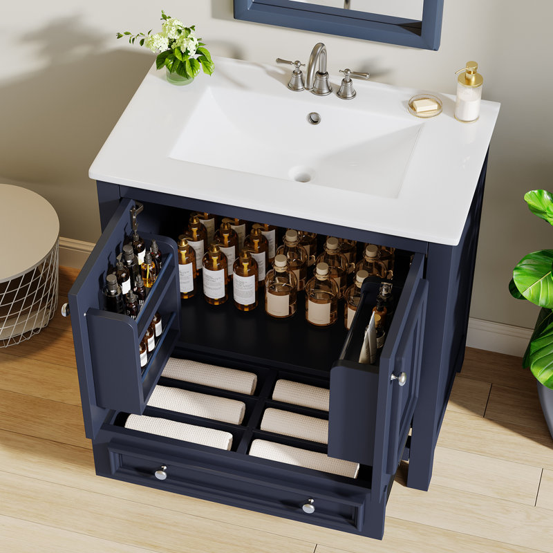 Meuble-lavabo autoportant avec cadre en bois massif 30 po avec lavabo et organisateur de porte, 30", Bleu