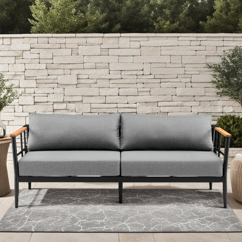 Somender Aluminum And Teak Wood Outdoor Sofa In Black And Dark Gray