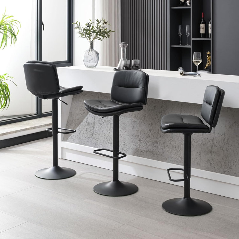 Double-Layer Upholstered Swivel Adjustable Height Bar Stool Counter Stool (Set of 3), Black, 3