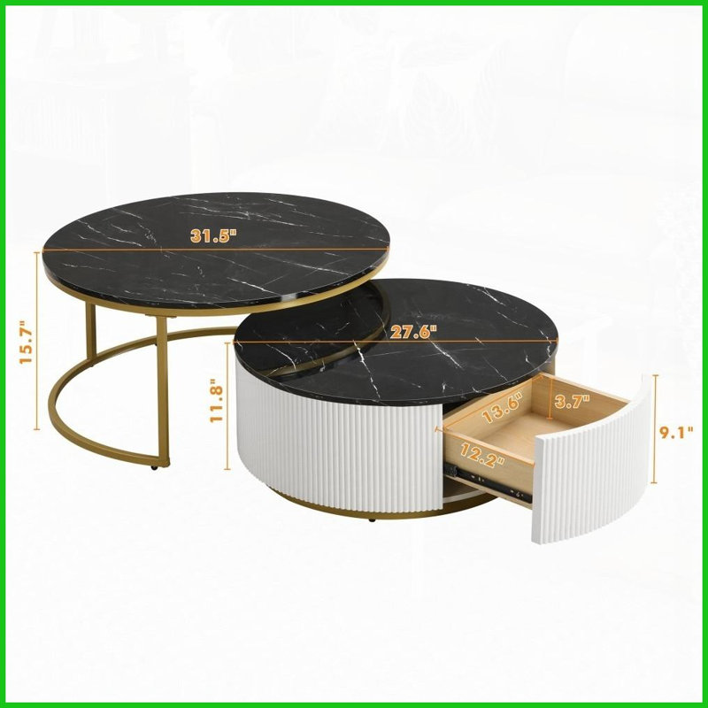 Table basse gigogne ronde peu encombrante, noir moderne Or avec tiroir cannelé pour le salon, Noir