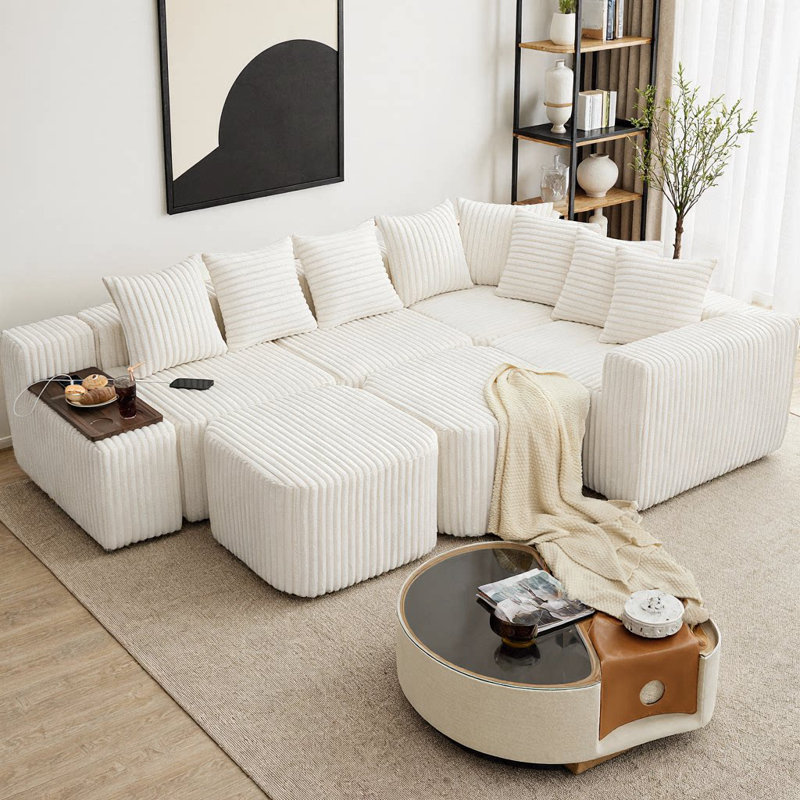 Canapé modulaire en forme de U 137,5 po en velours côtelé avec charge sans fil et USB, console de table basse avec porte-gobelets, canapé modulaire mobile 8-en-1, sans assemblage, 6 places avec repose-pieds